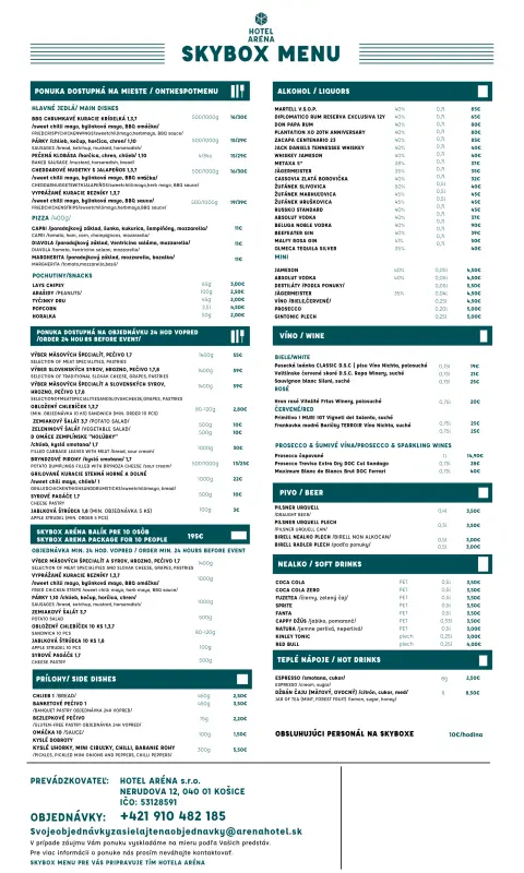 Hotel Aréna Košice - Skybox menu